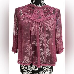 Free People Magenta Lace Boho Blouse Purple Floral Size Small